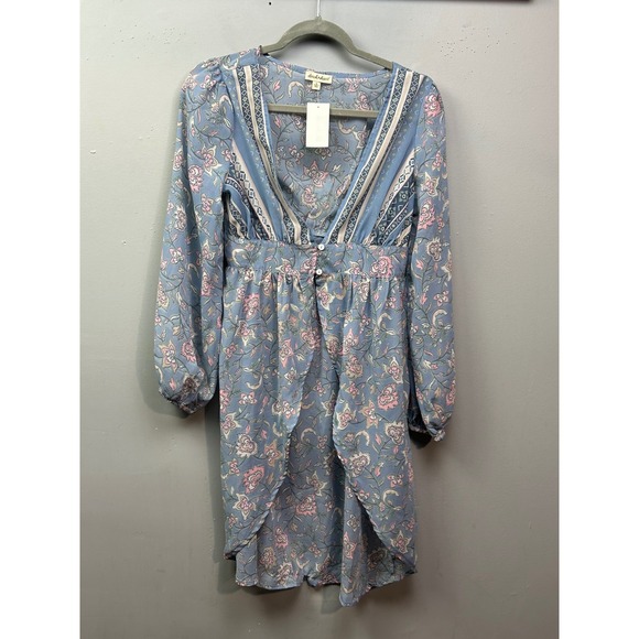 Derek Heart Floral Print Long Sleeve Kimono Womens Blue Boho Chic Sheer - Picture 1 of 11